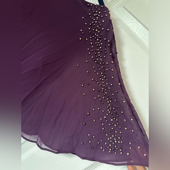 NWOT XSCAPE Purple Stretch Embellished Cape Overlay Sleeveless Dress; women’s 8 - Picture 9 of 11